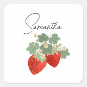 Two Red Strawberries with Leaves & Flowers | Fruit Vierkante Sticker (Voorkant)