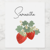 Two Red Strawberries with Leaves & Flowers | Fruit Wijn Etiket (Enkel label)