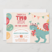 Two Rex Birthday Invitation. Dino 2nd Invite. Prin Kaart (Voorkant)