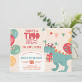 Two Rex Birthday Invitation. Dino 2nd Invite. Prin Kaart (Staand voorkant)