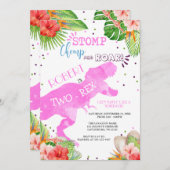 Two-Rex Dinosaur Birthday Invitation Girl Kaart (Voorkant / Achterkant)