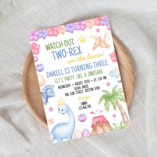 Two-Rex Jongen Dinosaurus Verjaardag Uitnodiging