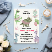 Two Rex Ready dinosaur, girl Second Birthday Party Kaart
