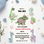 Two Rex Ready dinosaur, girl Second Birthday Party Kaart