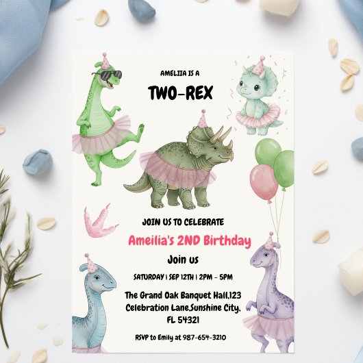 Two Rex Ready dinosaur, girl Second Birthday Party Kaart