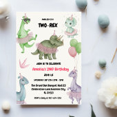 Two Rex Ready dinosaur, girl Second Birthday Party Kaart