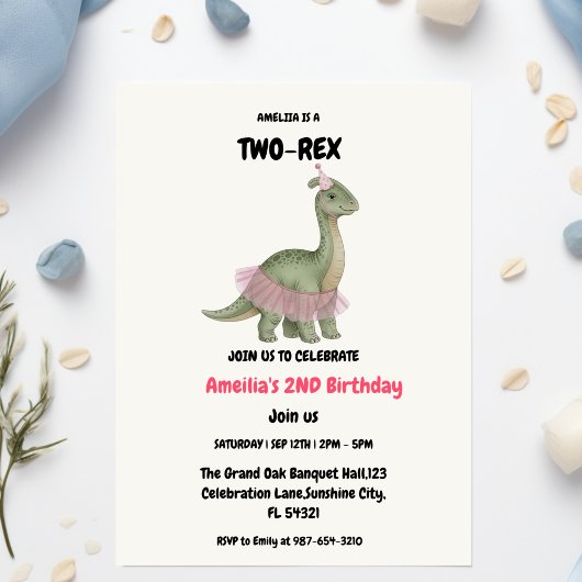 Two Rex Ready dinosaur, girl Second Birthday Party Kaart