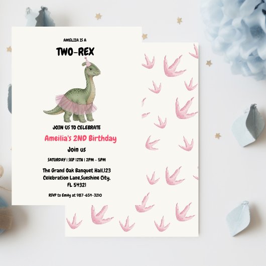 Two Rex Ready dinosaur, girl Second Birthday Party Kaart