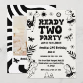 Two Rex Ready dinosaur, girl Second Birthday Party Kaart (Voorkant / Achterkant)