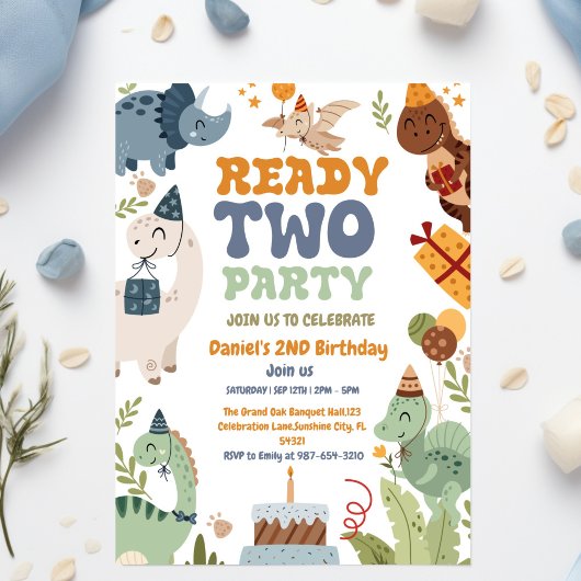 Two Rex Ready Two Party, Boy Second Birthday Party Kaart