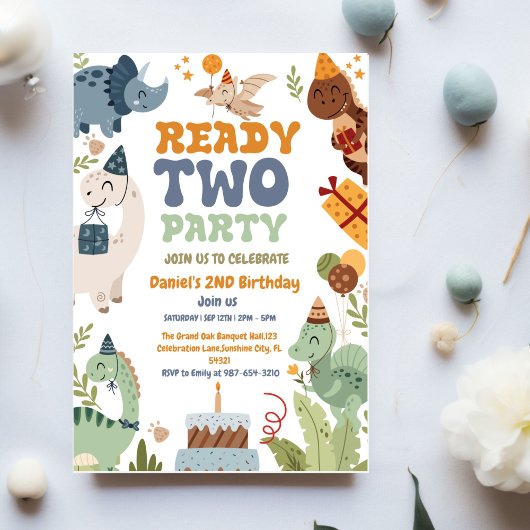 Two Rex Ready Two Party, Boy Second Birthday Party Kaart