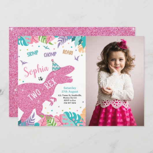 Two-Rex Roze Dinosaurus Meisje 2e Verjaardag Uitno Kaart (Voorkant / Achterkant)