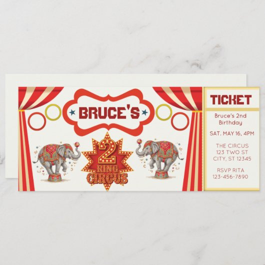 Two Ring Circus, 2nd Birthday Ticket Invitation (Voorkant / Achterkant)