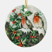 Two robins on a fence in the snow keramisch ornament (Voorkant)