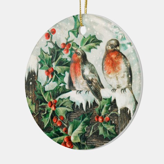 Two robins on a fence in the snow keramisch ornament (Links)