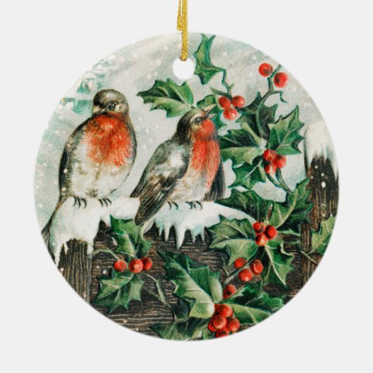 Two robins on a fence in the snow keramisch ornament (Achterkant)