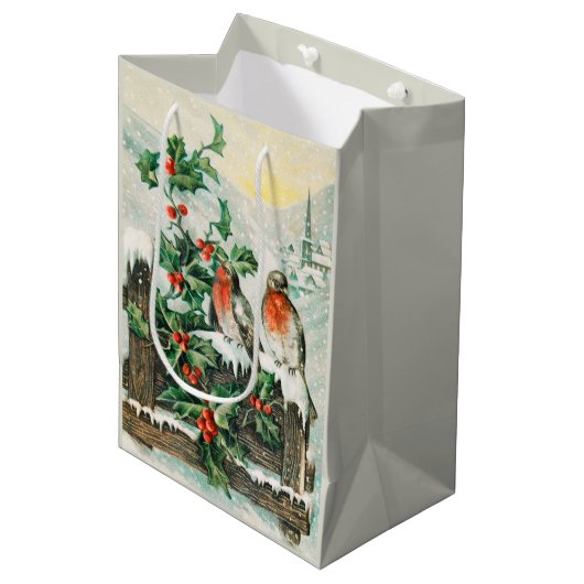 Two robins on a fence in the snow medium cadeauzakje (Voorkant Gekanteld)