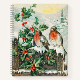 Two robins on a fence in the snow notitieboek