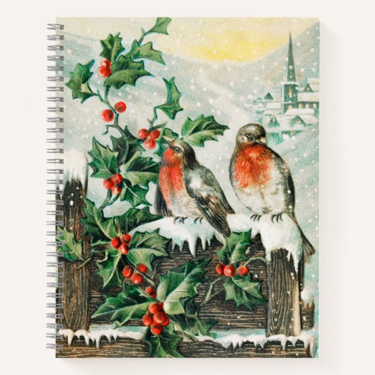 Two robins on a fence in the snow notitieboek (Voorkant)