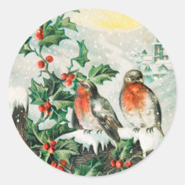 Two robins on a fence in the snow ronde sticker