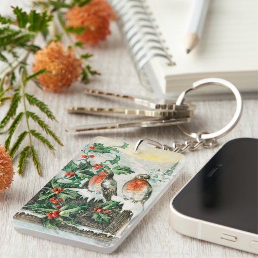 Two robins on a fence in the snow sleutelhanger (Voorkant Rechts)