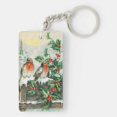 Two robins on a fence in the snow sleutelhanger (achterkant)