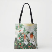 Two robins on a fence in the snow tote bag (Voorkant)