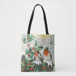 Two robins on a fence in the snow tote bag