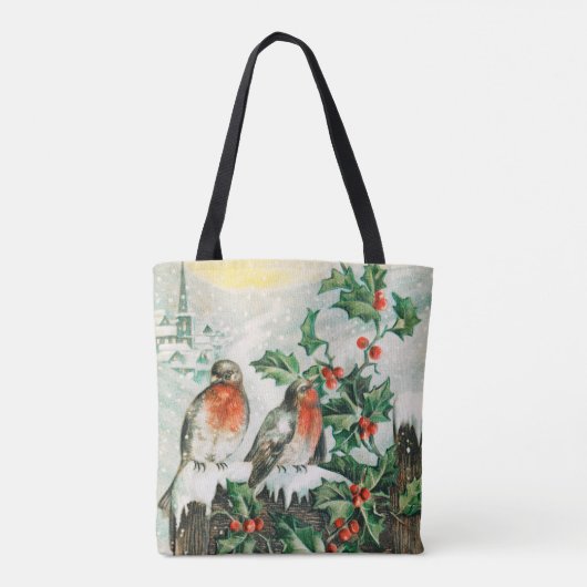 Two robins on a fence in the snow tote bag (Achterkant)