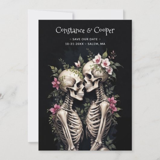 Two Romantic Gothic Human Skeletons Embracing Save The Date (Voorkant)