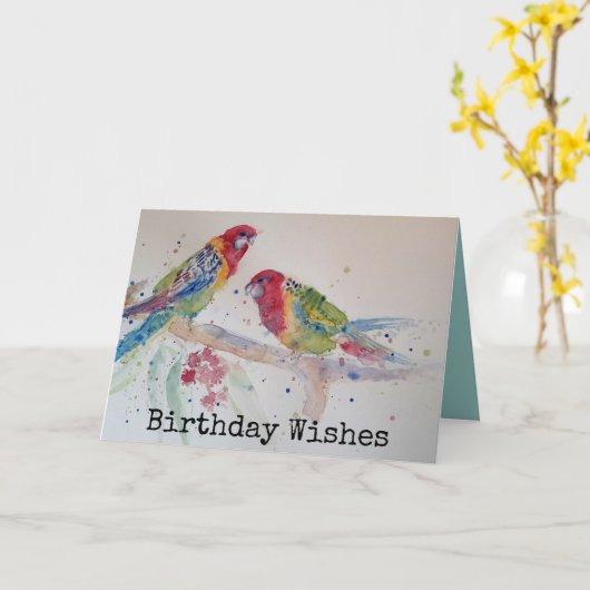 Two Rosella Parrots Watercolour Birthday Card Kaart (Gele Bloem)