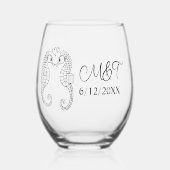 Two Seahorses and Bride and Groom's Initials Wijnglas Zonder Voet (Achterkant)