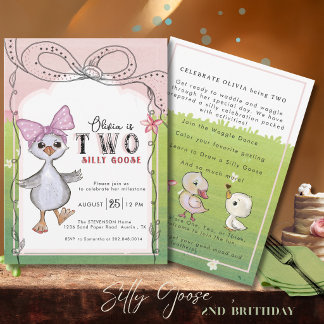 Two Silly Goose 2nd Birthday Invitation Kaart