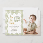 Two Silly Goose Gingham 2nd Birthday Invitation Kaart (Voorkant)