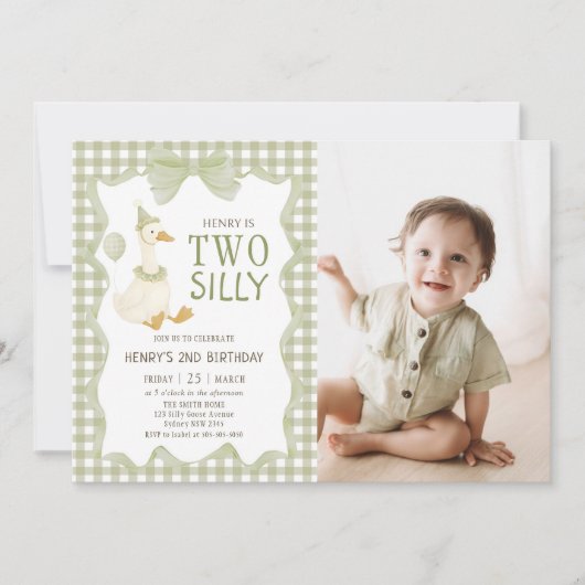Two Silly Goose Gingham 2nd Birthday Invitation Kaart (Voorkant)