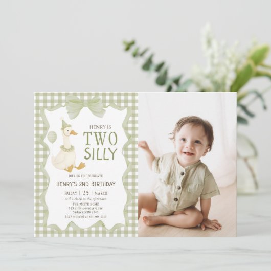 Two Silly Goose Gingham 2nd Birthday Invitation Kaart (Staand voorkant)