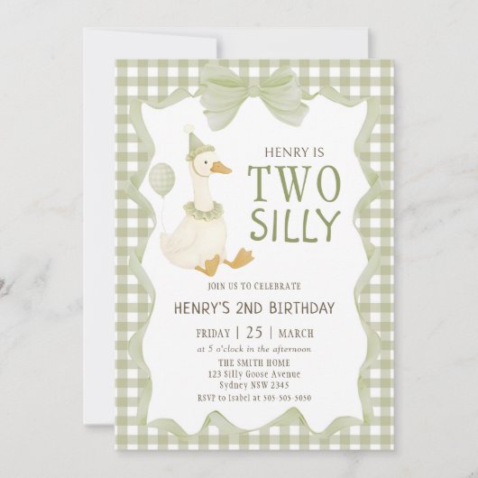 Two Silly Goose Gingham 2nd Birthday Invitation Kaart (Voorkant)