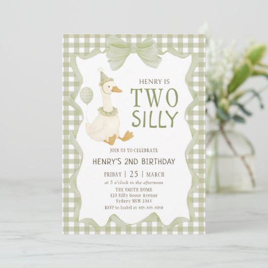 Two Silly Goose Gingham 2nd Birthday Invitation Kaart (Staand voorkant)