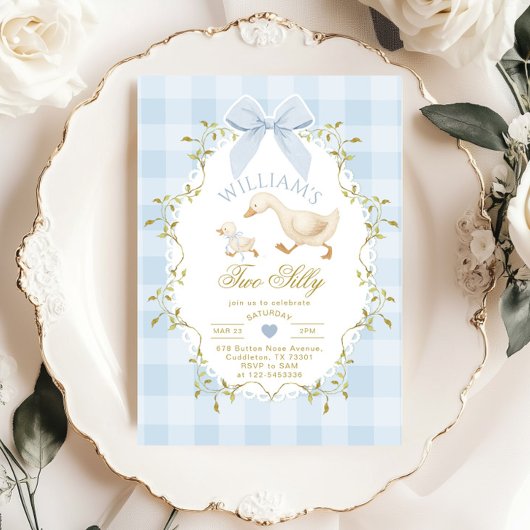 Two Silly Whimsical Blue Gingham Boy 2nd Birthday Kaart