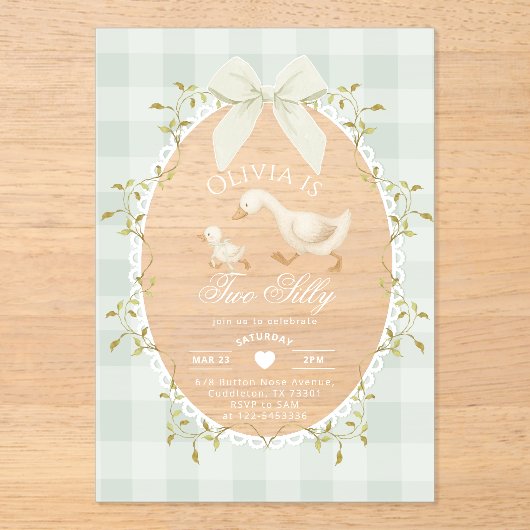 Two Silly Whimsical Sage Gingham 2nd Birthday Acryl Uitnodigingen (Voorkant)