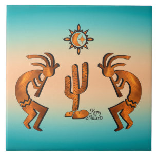 Two Southwest Kokopelli Ceramic Tile Tegeltje