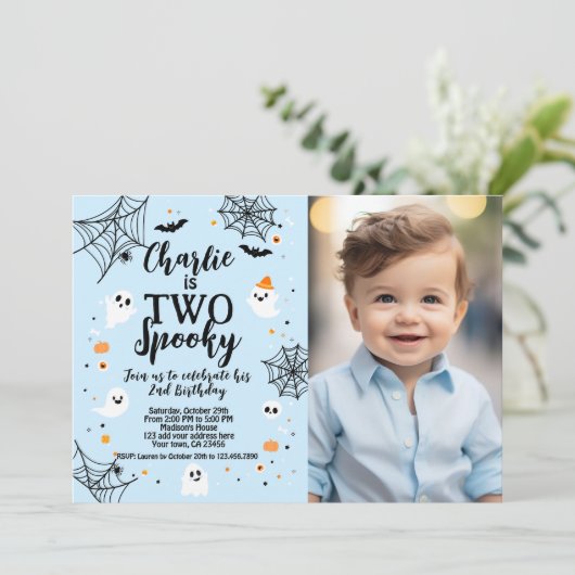 Two Spooky Blue Halloween Invite with Photo Kaart (Staand voorkant)