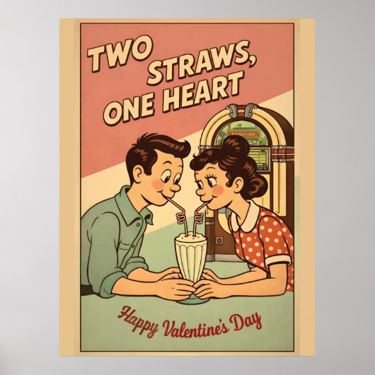 Two Straws One Heart Retro Soda Shop Milkshake Val Poster (Voorkant)