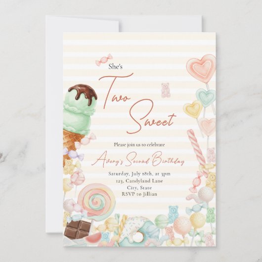 Two Sweet Birthday Invite Yellow Stripe Kaart (Voorkant)