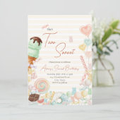 Two Sweet Birthday Invite Yellow Stripe Kaart (Staand voorkant)