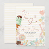 Two Sweet Birthday Invite Yellow Stripe Kaart (Voorkant / Achterkant)