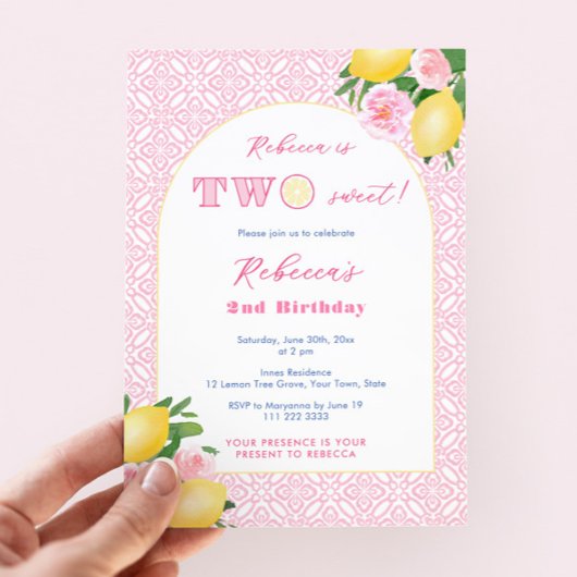 Two Sweet Citrus Pink Flowers 2nd Birthday Party Kaart