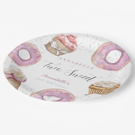 Two Sweet Cupcake & Donuts Girl 2nd Birthday Papieren Bordje (Gekanteld)