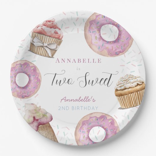 Two Sweet Cupcake & Donuts Girl 2nd Birthday Papieren Bordje (Voorkant)