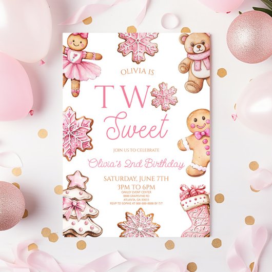 Two Sweet Gingerbread Cookie 2nd Birthday Party Kaart
